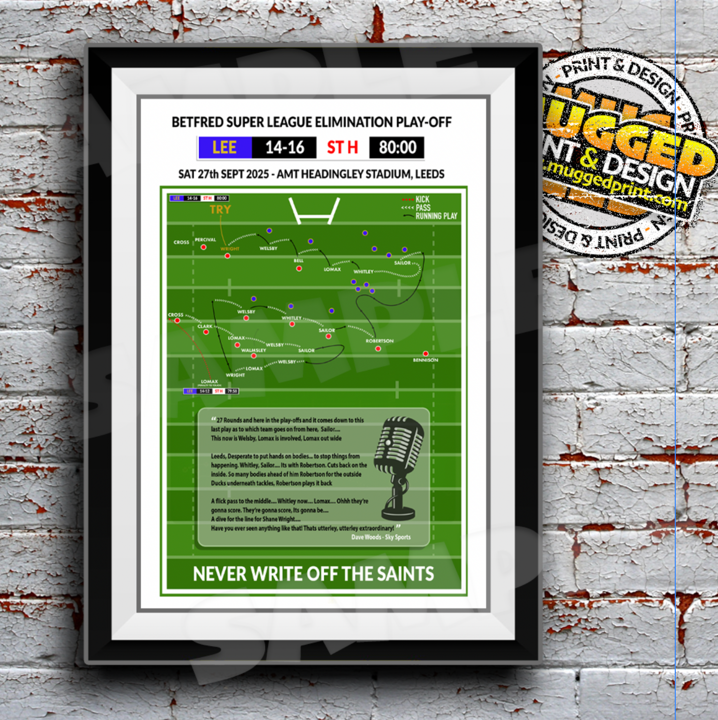 St.Helens RLFC v Leeds Rhinos - 2025 Shane Wright Try Print