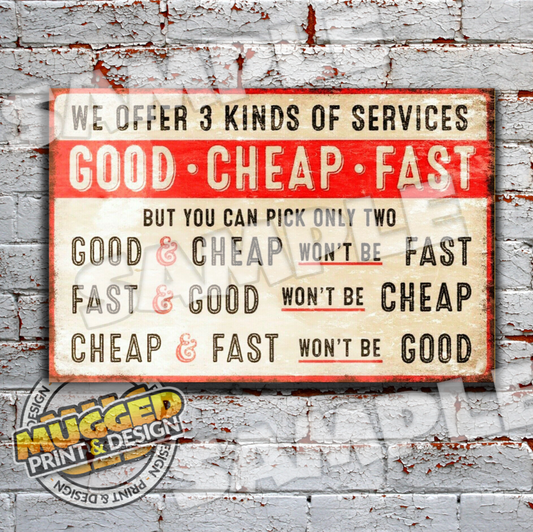 Aluminium Work Ethic Sign - Good, Fast, Cheap