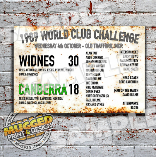 1989 World Club Widnes v Canberra Vintage Street Sign