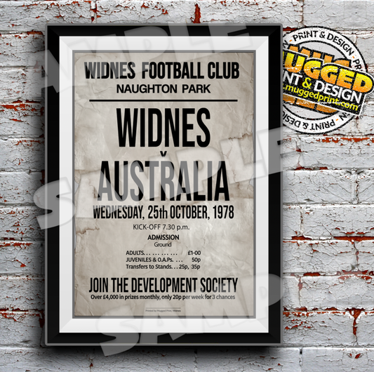 Widnes RLFC - 1978 Widnes v Australia Match Poster replica Print
